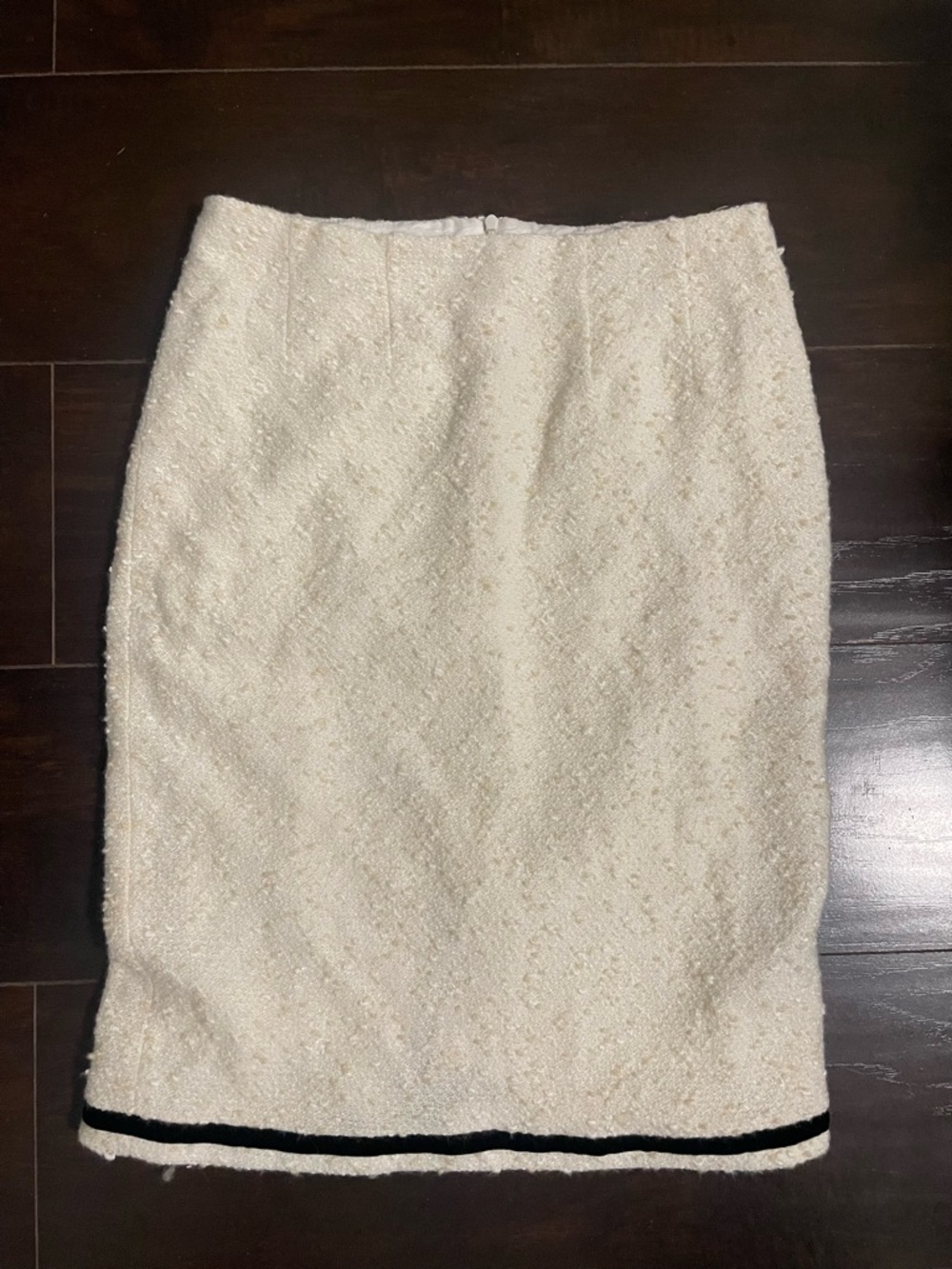 Nanette Lepore Cream Bouclé Pencil Skirt with Black Hem Trim